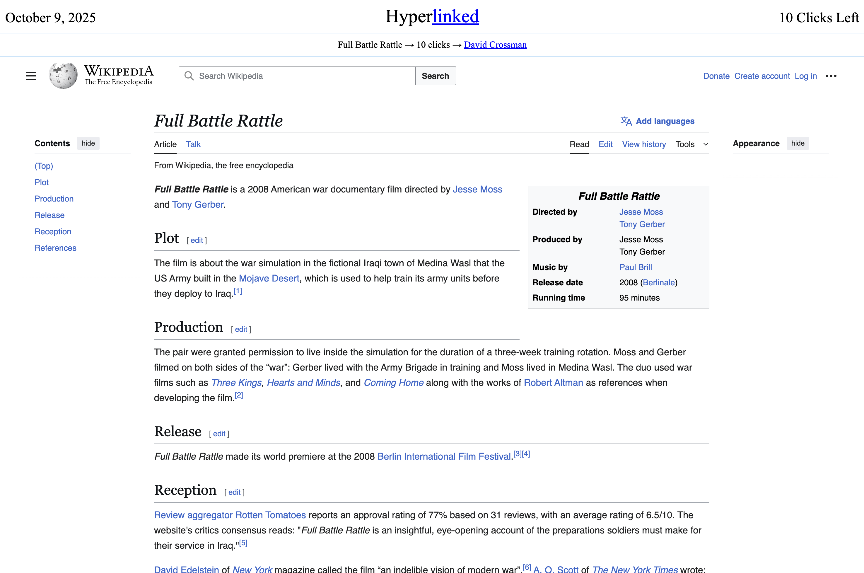 Hyperlinked Game Interface